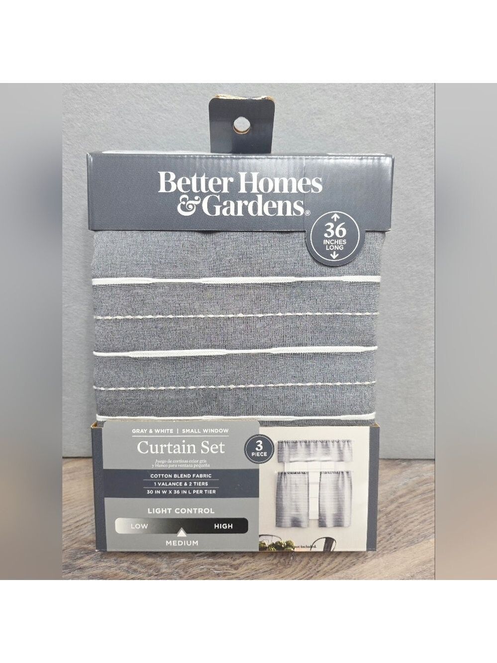 Better Homes & Gardens Gray & White Curtain Set 36” | Small Window | 3-Piece New